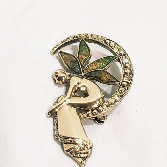 Liz Claiborne Fairy Crescent Moon Gold Tone Brooch Pin 2" Rhinestone Enamel - Picture 2 of 6